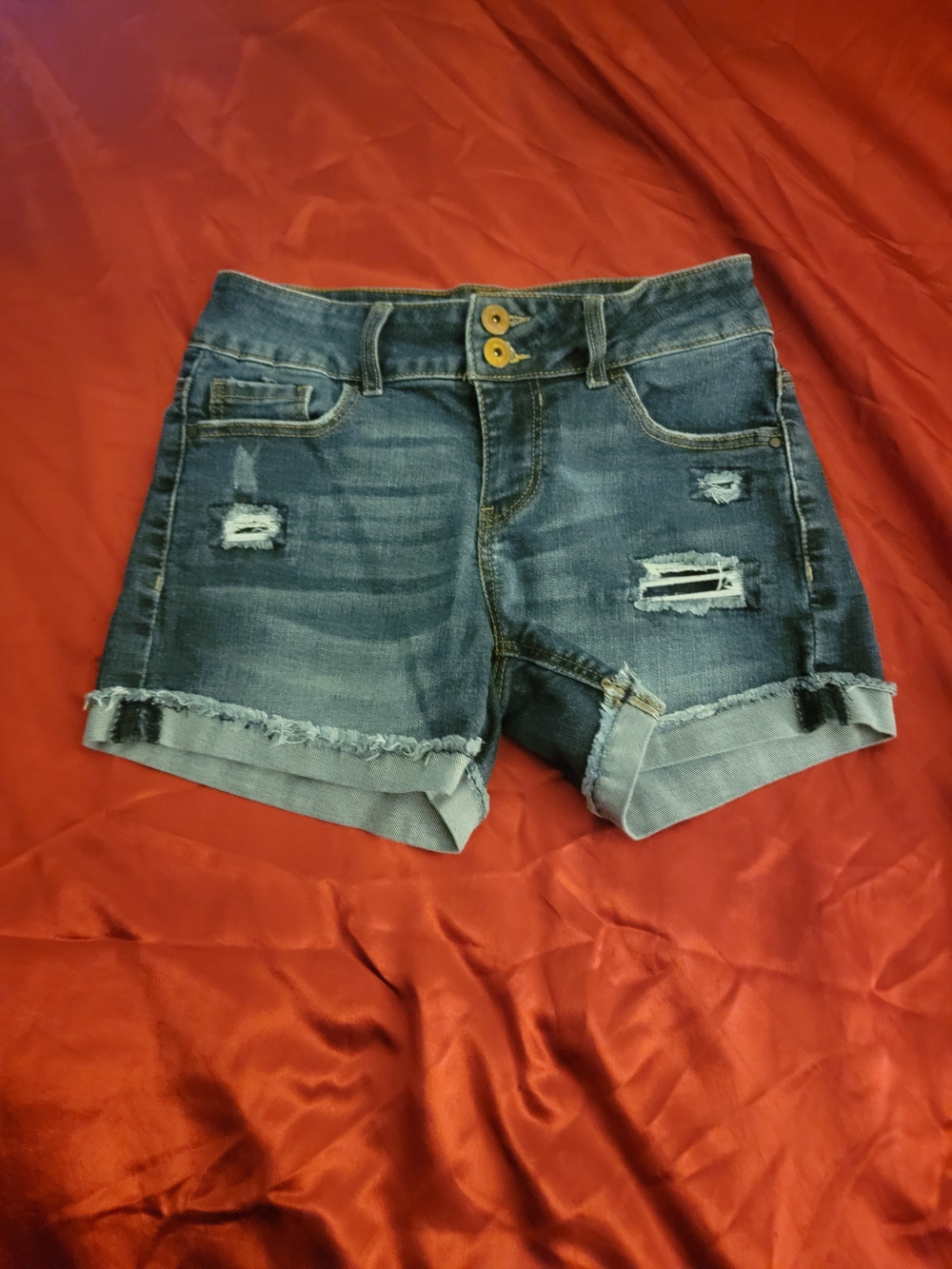 Wishful Park Distressed Blue Roll-Hem Denim Shorts